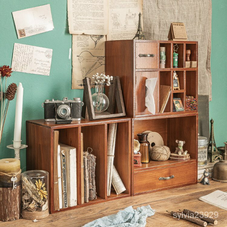 家具桌面收納盒辦公室書桌抽屜置物架文具手賬印章櫃分隔復古木製收納架置物架