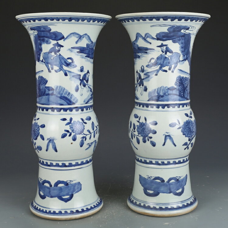 清康熙青花人物紋花觚古董古玩收藏真品中國風花瓶老物件窖藏瓷器