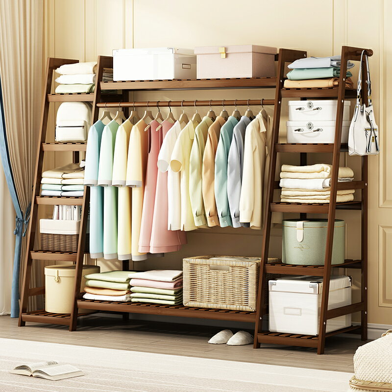 家用簡易落地室內客廳掛衣架實木簡約現代置物架臥室大容量衣帽柜