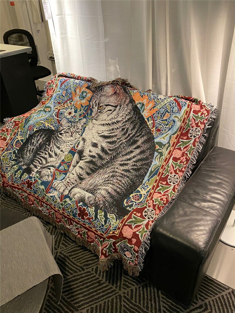 150*150cm 大尺寸出口美國加厚毛毯沙發毯蓋毯針織貓咪油畫風格