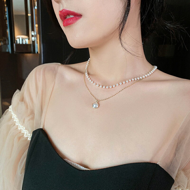 氣質珍珠雙層項鏈女小眾設計感鎖骨頸鏈ins潮高級感網紅個性飾品