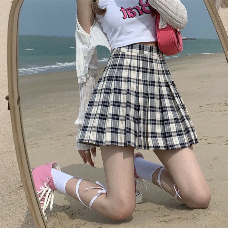 ins學院風高腰顯瘦百褶裙半身裙女夏a字裙子夏季黑色格子辣妹短裙