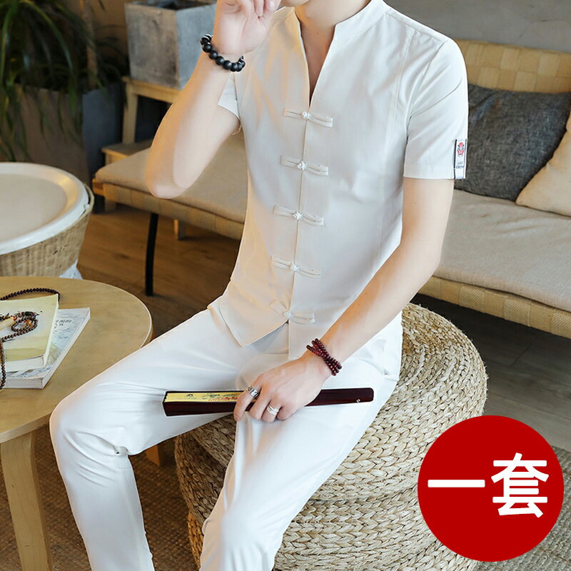 中式唐裝套裝中國風男裝夏季棉麻T恤古裝漢服V領外套復古風中山裝
