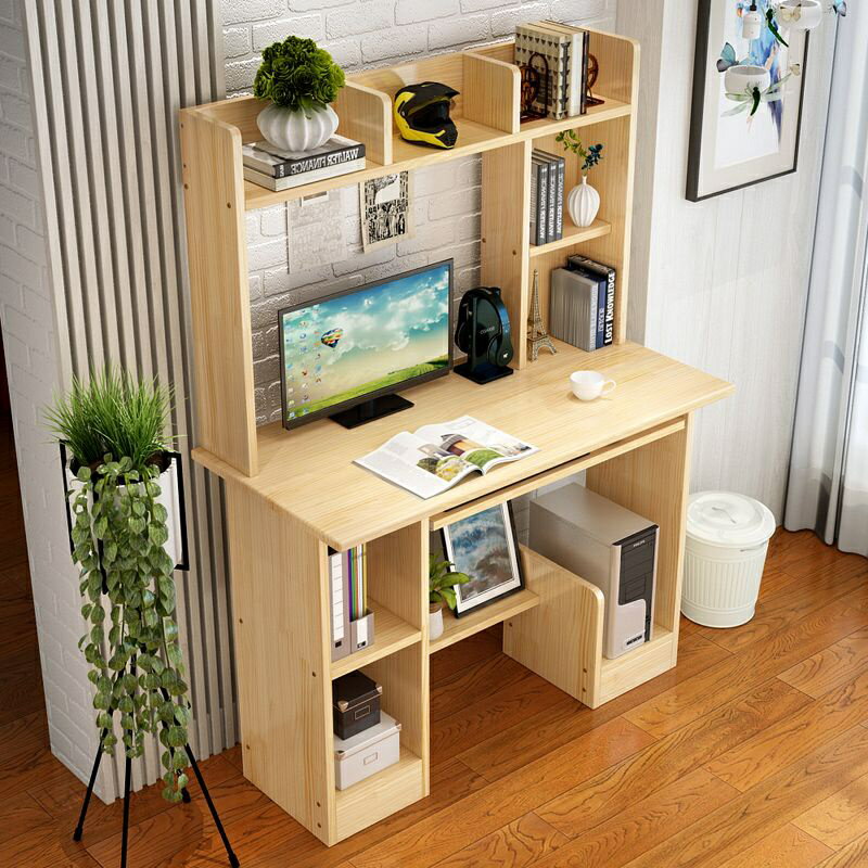 實木電腦桌臺式家用松木簡約現代學生學習寫字書桌書架書櫃組合桌