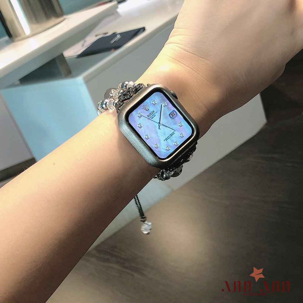 促銷蘋果錶帶活動 Apple錶帶 (銀灰色) 超亮鑲鑽保護殼+串珠造型 蘋果錶帶