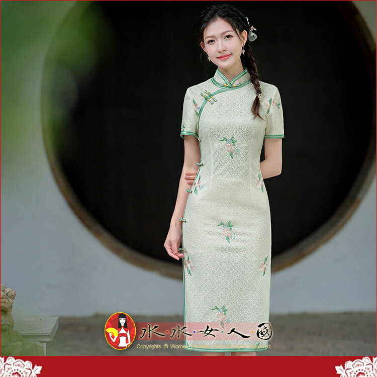 杏色修身顯瘦旗袍新款氣質高階清新年輕款少女蕾絲改良禪意連衣裙夏短袖小禮服裙女洋裝-遇美-水水女人國