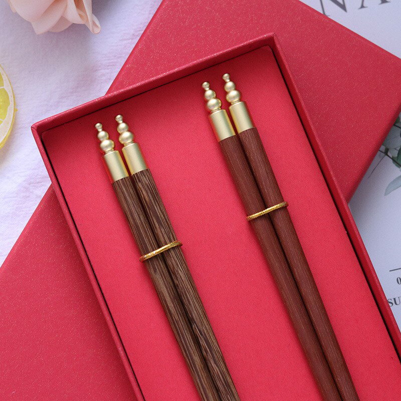 創意款金屬頭紅檀木雞翅木筷兩雙裝情侶禮盒可刻字結婚回禮木筷子