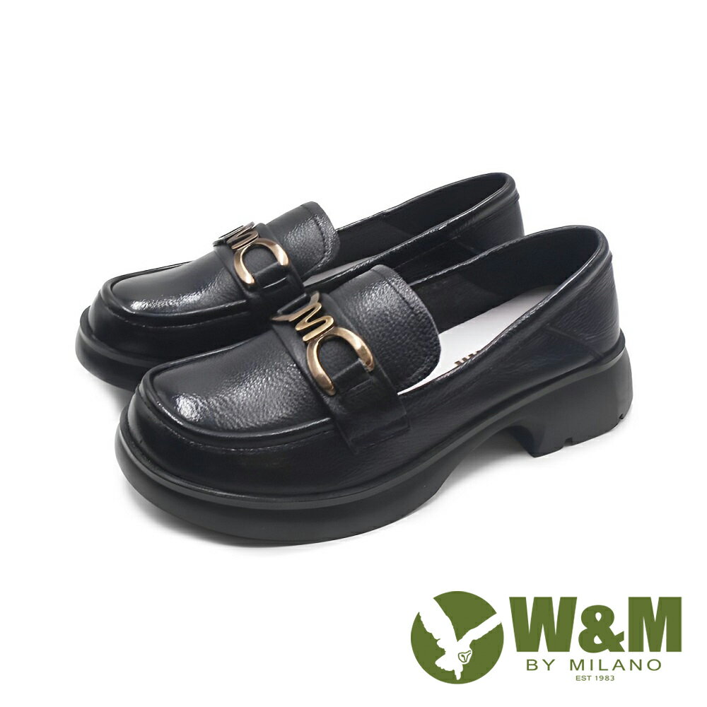 W&M(女)復古銅飾圓頭鬆糕厚底樂福鞋 女鞋-黑