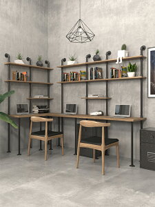 轉角書桌書架一體家用實木電腦桌工業風置物架小戶型鐵藝落地書柜