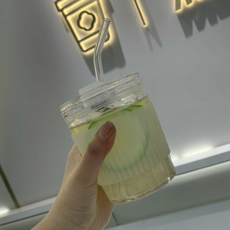 水杯女學生韓版可愛吸管玻璃杯簡約杯子帶蓋帶勺子網紅高顏值ins