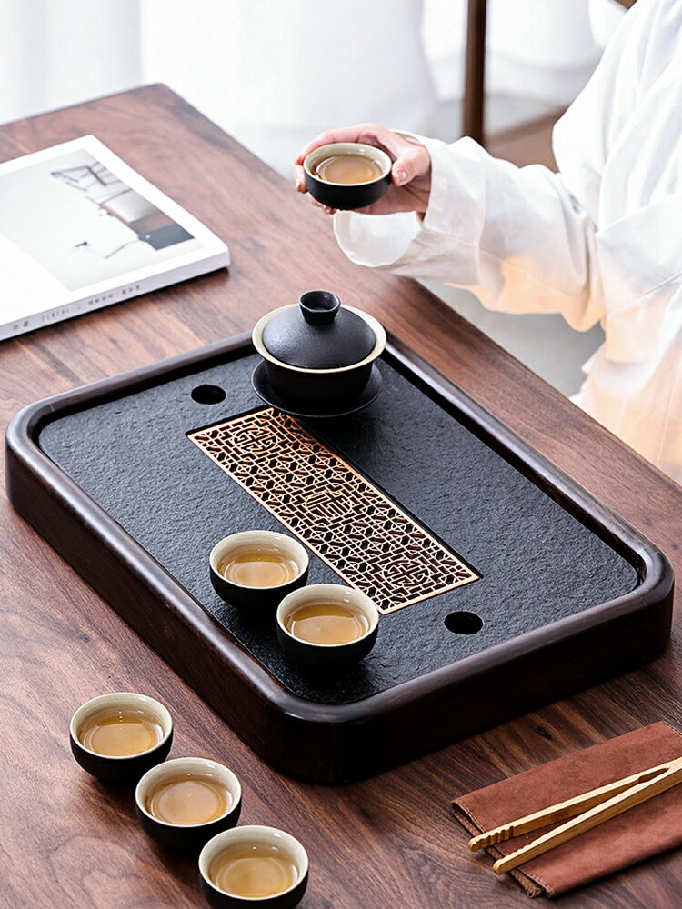 簡約家用長方形實木烏金石茶盤小型儲水式排水兩人用簡易迷你茶臺