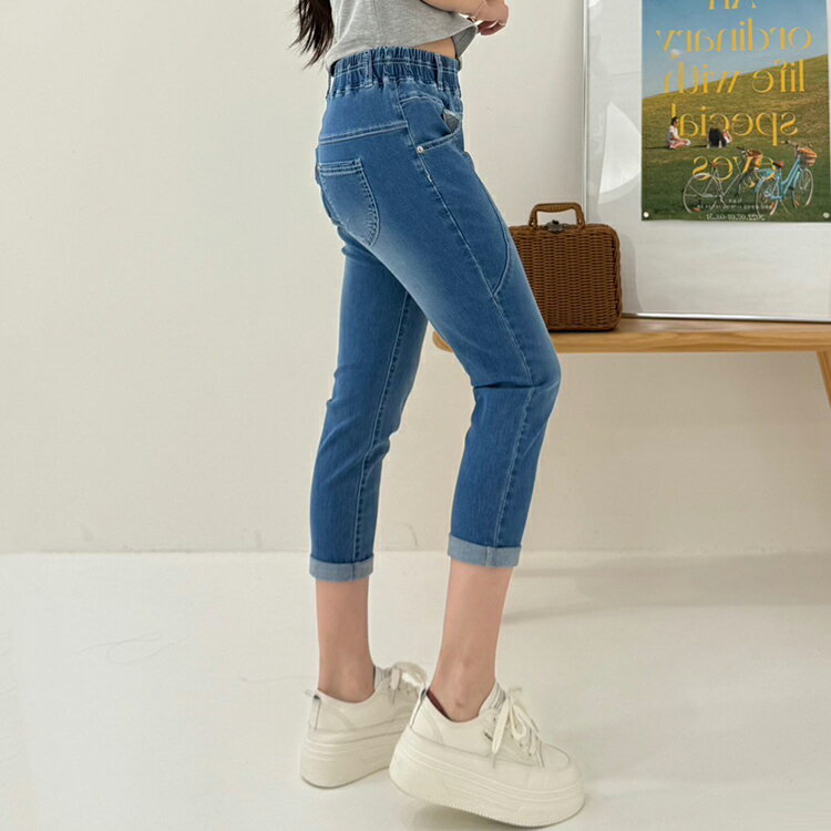 收腹超彈輕薄牛仔七分褲(S-3L)    【B370416】