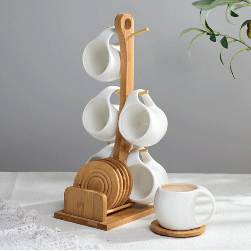 家好點 茶杯套裝 花茶具陶瓷咖啡杯碟套裝 6件套骨瓷帶杯架