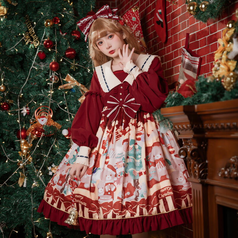 【雙十二大促】圣誕小熊 lolita正版裙op原創甜系可愛高腰圣誕洛麗塔洋裝公主裙
