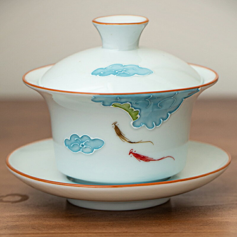 純手工三才蓋碗茶杯青瓷單個浮雕陶瓷泡茶碗大號功夫泡茶蓋