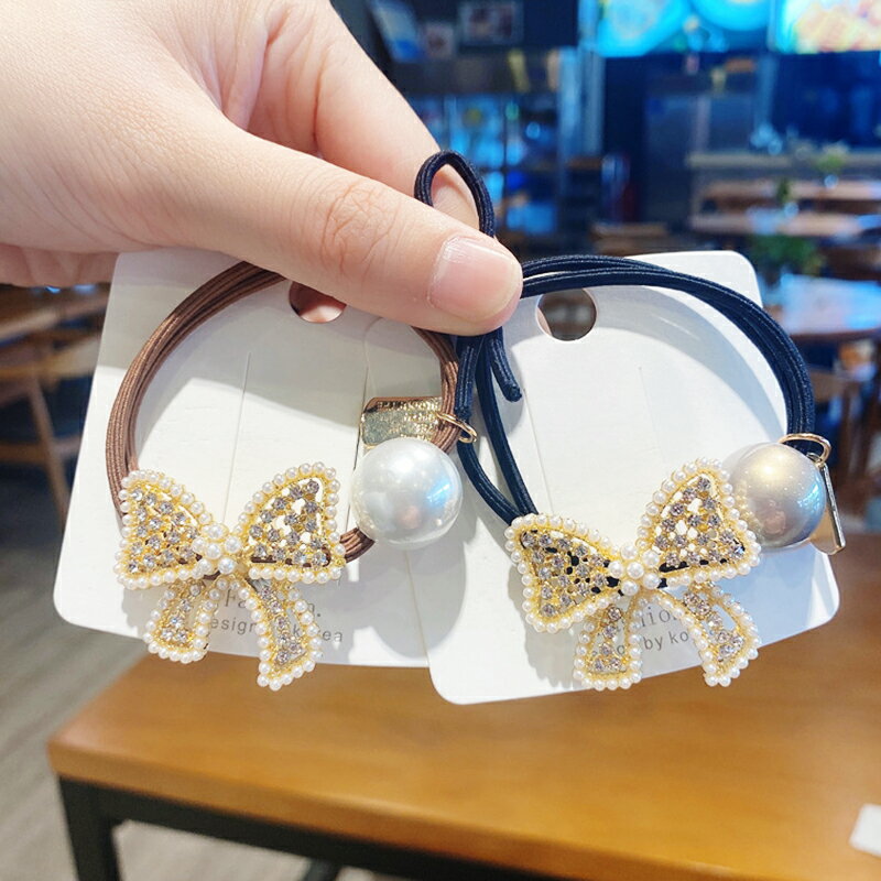 韓國東大門仿珍珠鑲鉆蝴蝶結頭繩時尚皮筋簡約丸子頭發圈少女頭飾
