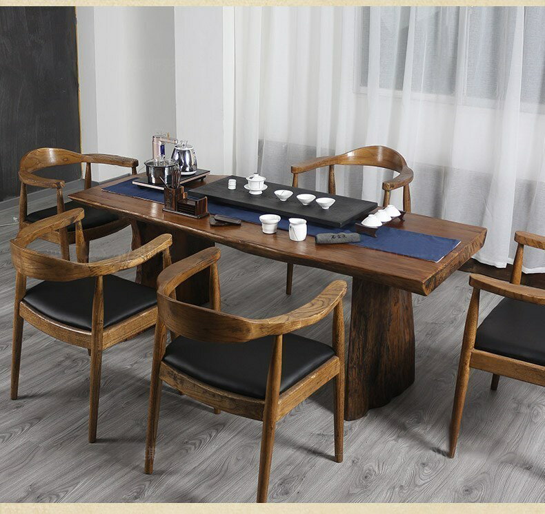 優樂悅~新中式實木茶桌椅組合大板桌子原木整板茶幾茶臺松木辦公桌泡茶桌