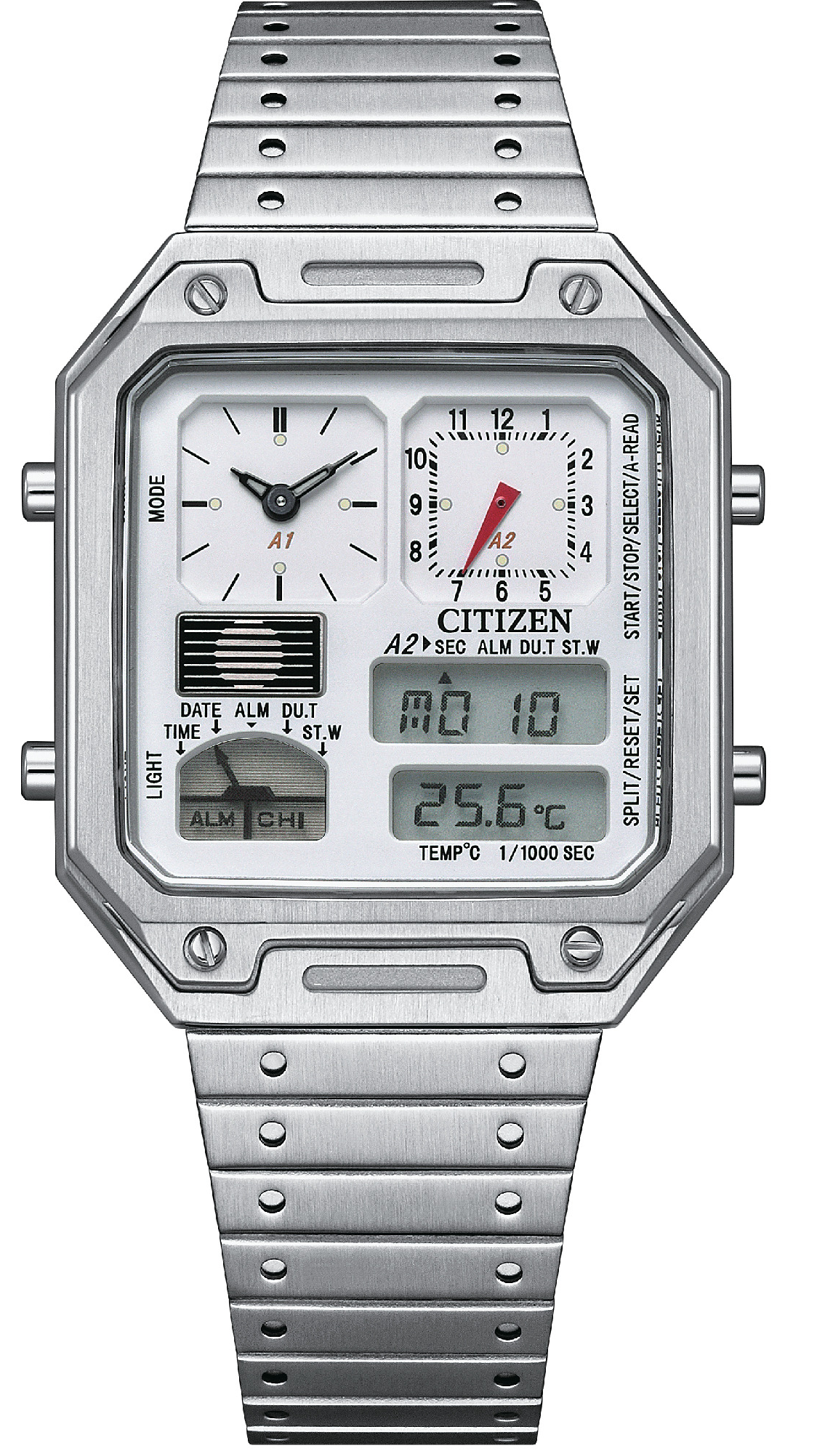 CITIZEN 星辰錶 Chronograph 復古計時電子腕錶(JG2120-65A)-33.4 x 45.4mm-白面鋼帶【刷卡回饋 分期0利率】【APP下單22%點數回饋】