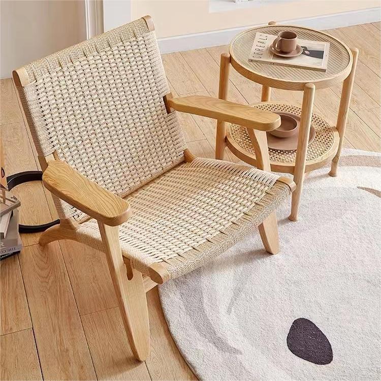 北歐實木繩編懶人沙發椅客廳咖啡廳民宿休閒靠背椅子家用讀書椅子 1