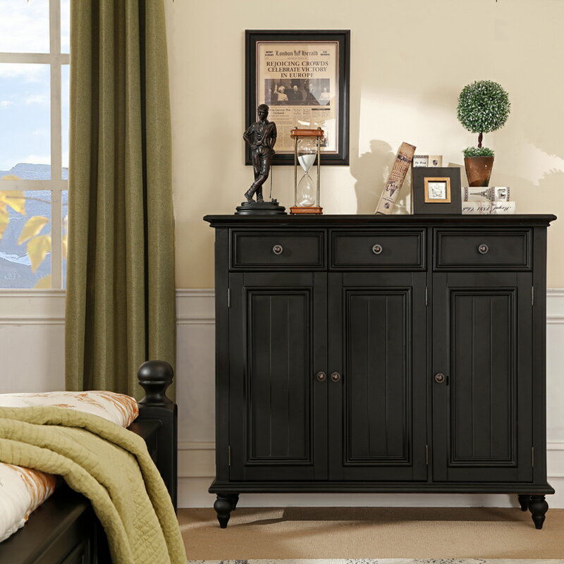 現代美式家具北歐三門鞋櫃全實木黑胡桃色1.2米榫卯復古玄關客廳
