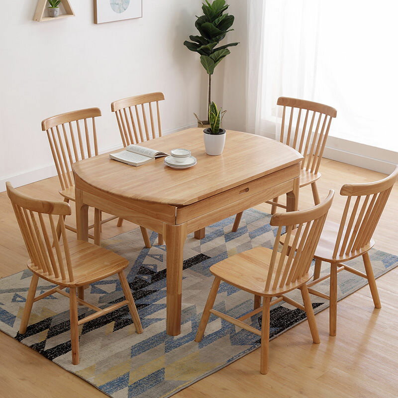 楓林宜居 北歐全實木餐桌椅組合現代簡約可升降餐桌家用小戶型方桌變圓餐桌