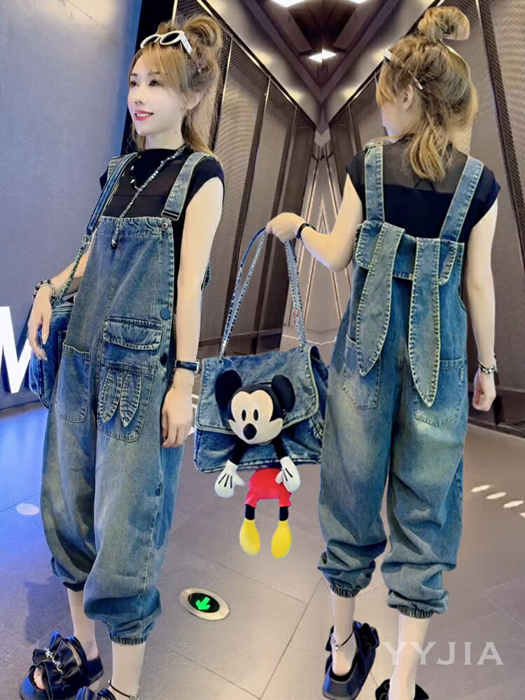 復古水洗做舊牛仔背帶褲女2024年新款秋季胖mm大碼寬松洋氣連體褲【淘夢屋】