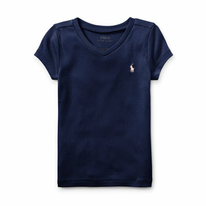 美國百分百【Ralph Lauren】V領 T恤 RL 短袖 T-shirt Polo 素面 小馬 深藍色 女 I398