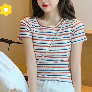 夏季新款韓系風格學生條紋短袖t恤女修身顯瘦甜辣風上衣ins潮