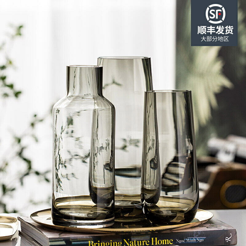 北歐現代簡約臺面花瓶客廳餐桌輕奢玻璃花瓶透明水養插花裝飾擺件