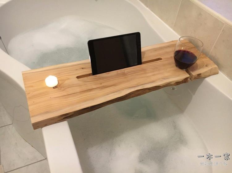 浴缸架 原木浴缸置物架北歐榆木隔板澡盆浴室收納架多功能一字隔板木板