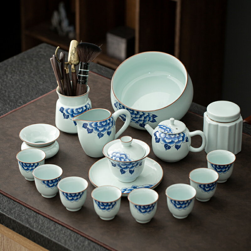 中式簡約功夫茶具套裝家用客廳辦公室會客泡茶茶壺蓋碗茶杯套裝組