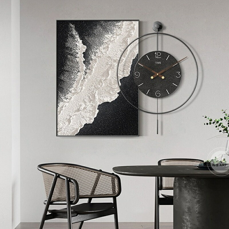侘寂風餐廳裝飾畫 帶鐘錶背景牆海浪壁畫 高檔客廳抽象時鐘掛畫 晶瓷畫 有框畫