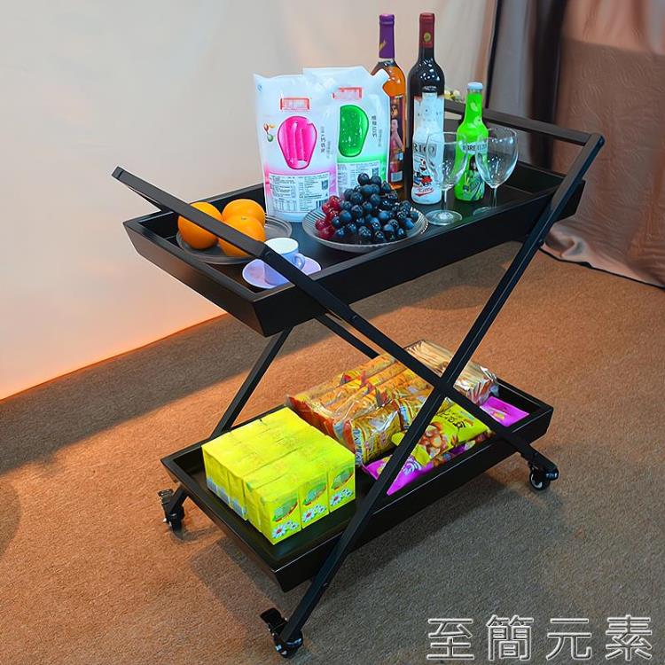 復古實木鐵藝餐車酒店KTV酒水服務車行動家用餐盤收納餐廳手推車【摩可美家】