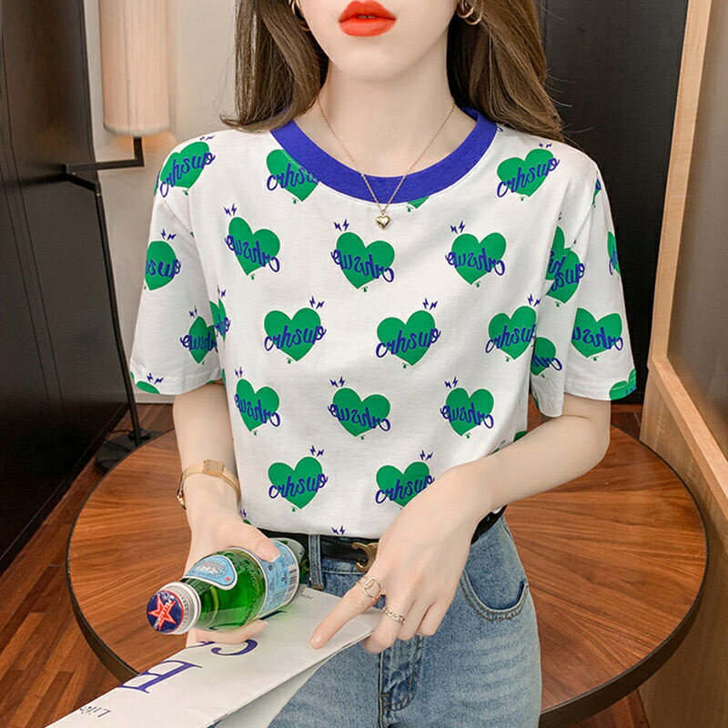 時尚短袖漂亮T恤女2022年夏季新款印花上衣洋氣短袖體恤歐貨爆款