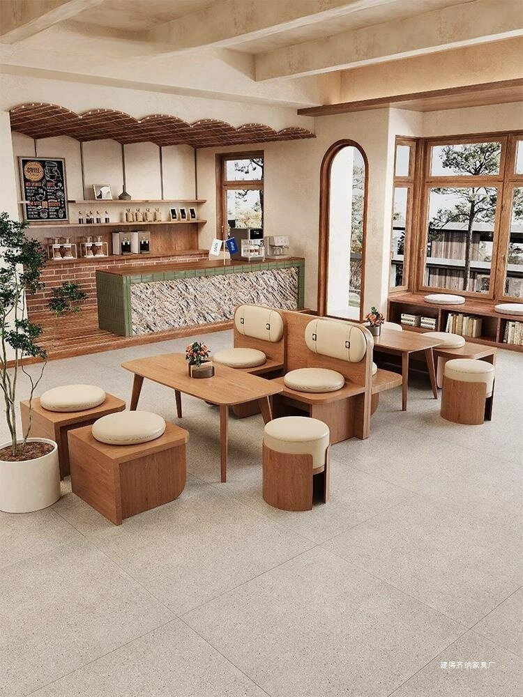 免運 可開票 日式 卡座沙發奶茶店桌椅組合咖啡廳餐桌商用酒吧餐飲茶樓靠墻實木座椅 快速出貨