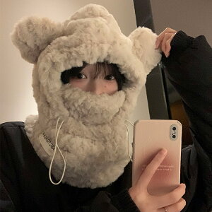 可愛加厚毛絨小熊帽子圍巾一體女秋冬季韓版保暖護耳帽騎車防寒潮