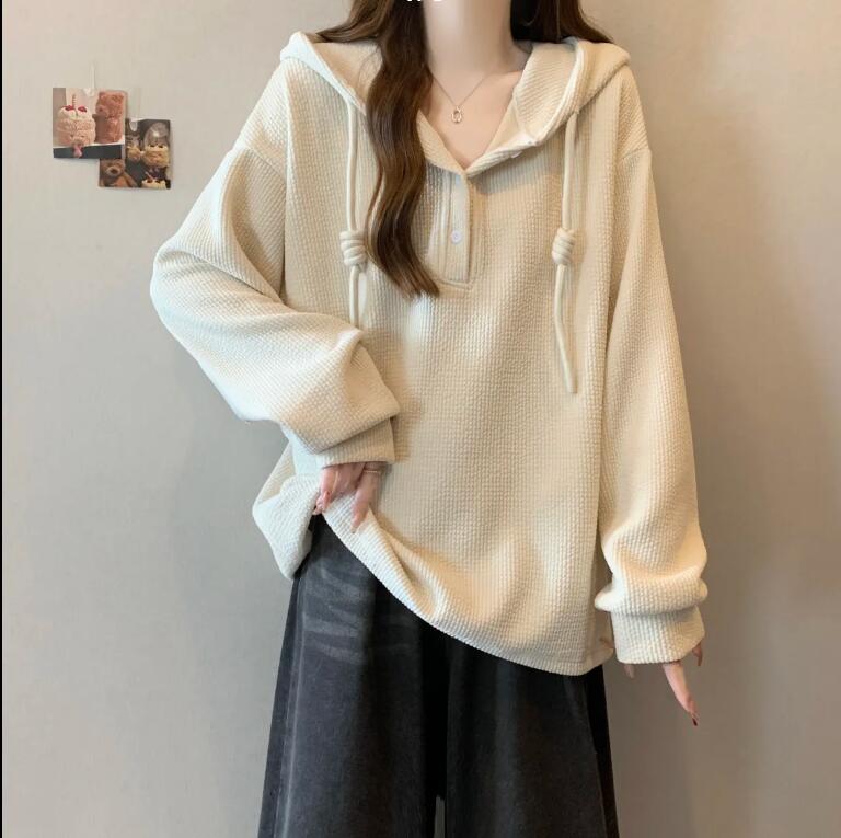 中長款打底衫上衣坑條加厚慵懶風連帽長袖衛衣女秋冬新款大碼寬松【步行者戶外生活館】