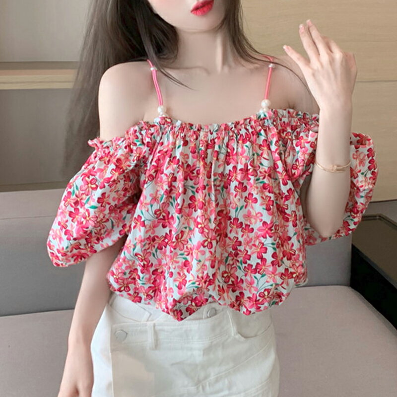 夏季新款性感一字肩珍珠吊帶碎花襯衫女寬松泡泡袖短款上衣