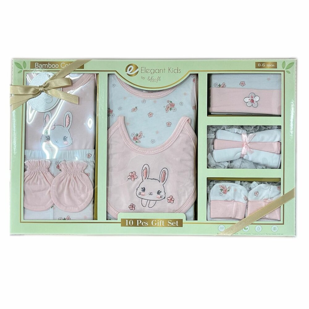 美國Elegant kids十件組彌月禮盒-粉色 - 彌月禮盒 十件組彌月禮盒 女嬰裝 女嬰 嬰兒手套 嬰兒襪子 嬰兒裝 女嬰彌月禮盒 嬰兒圍兜