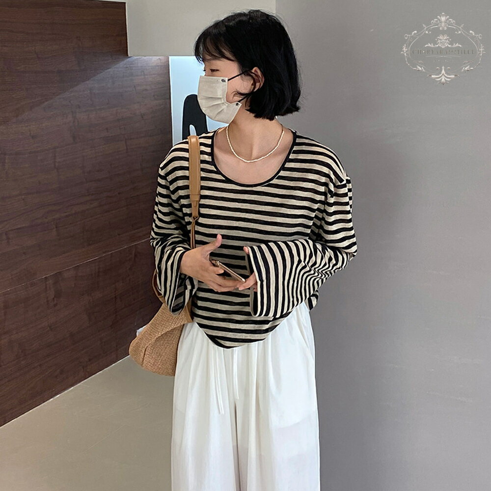 Charlotte 舒適清風薄薄軟軟條紋T恤 少女軟萌款 百搭基礎防曬條紋上衣 夏鬆弛感休閒寬鬆T恤【CHT35】
