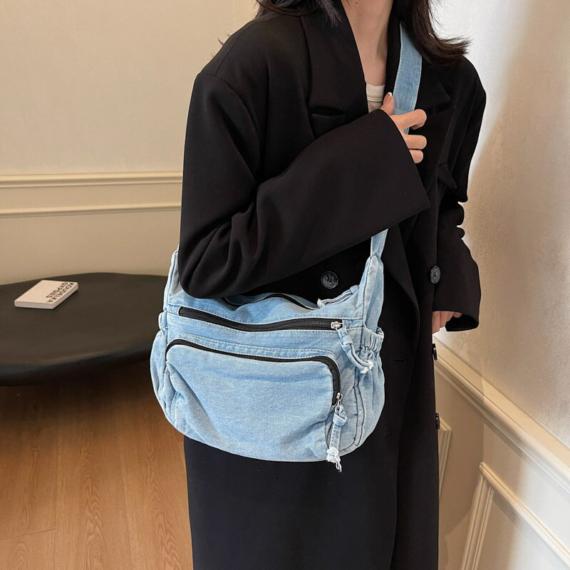 韓版牛仔布休閒拉鏈口袋腋下包機車包新款秋冬大容量單肩斜後背包潮