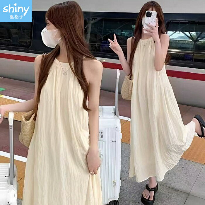 氣質美人．素色繞頸削肩無袖長洋裝-shiny藍格子【V5130】