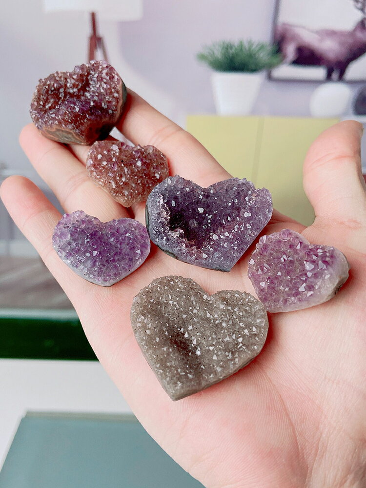 天然烏拉圭紫水晶愛心簇套盒晶芽花心形晶簇塊家居裝飾消磁擺件