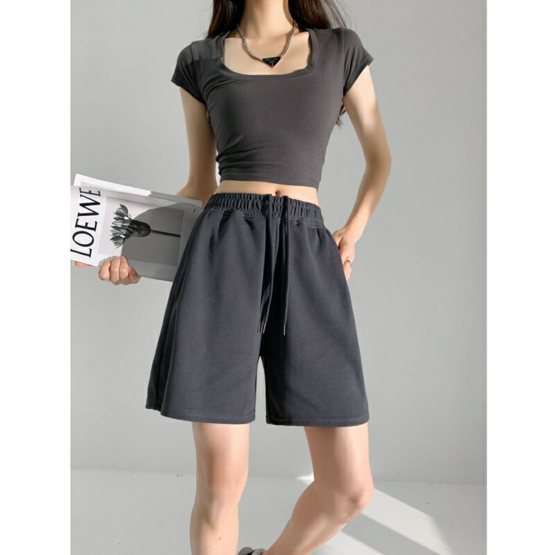 現貨+預購 女高腰短褲休閒寬褲顯瘦薄款寬鬆直筒褲休閒A字短褲-美式復古短褲5色74ls50【獨家進口】【米蘭精品】