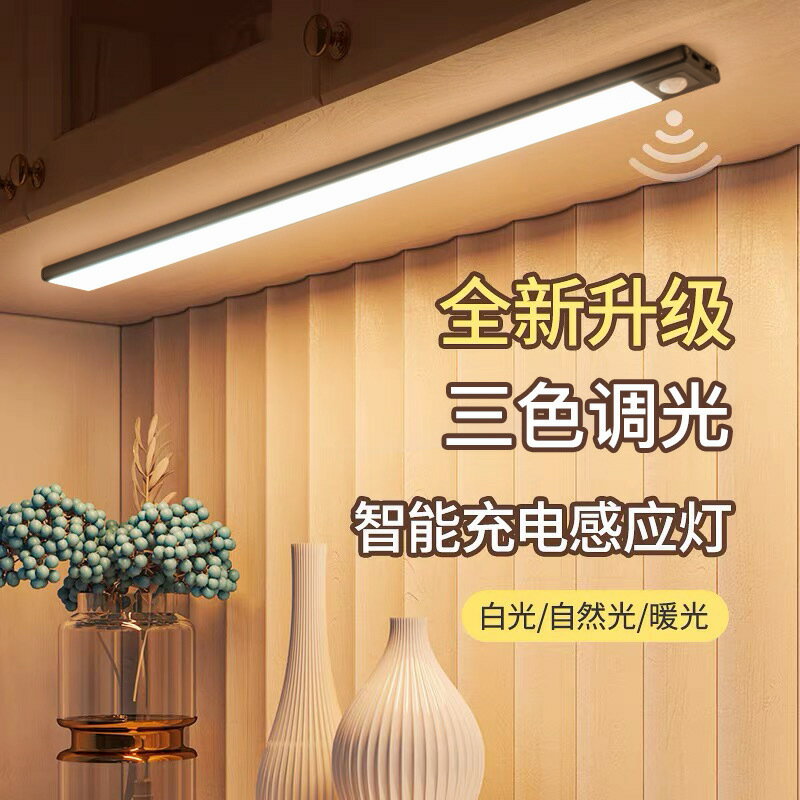 三色變光充電人體感應燈帶無線led家用衣櫃櫥櫃燈酒櫃鞋櫃底燈條