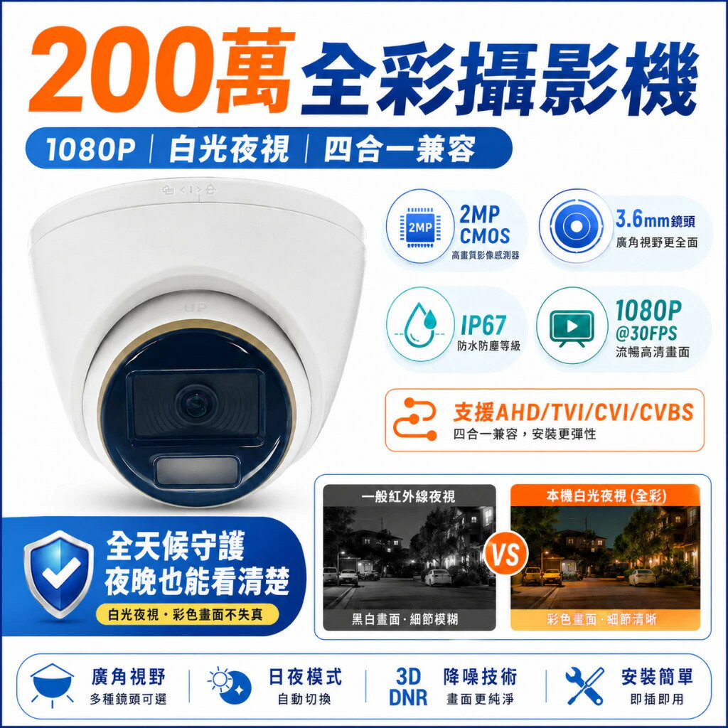 200萬全彩夜視攝影機 1080P高清監視器 IP67防水防塵 3.6mm廣角 四合一類比鏡頭