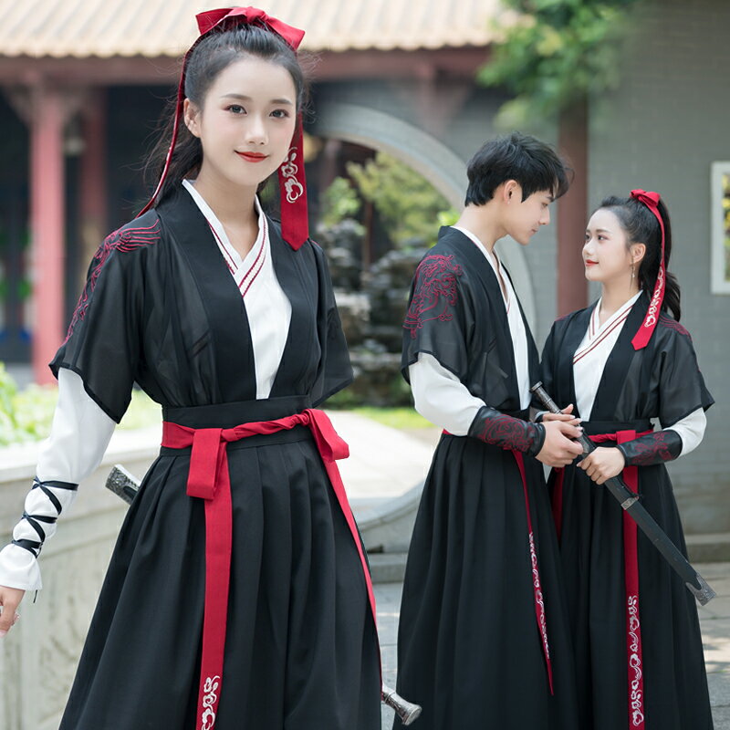中國風改良漢服復古刺繡三件套武俠風男女情侶裝CP裝學生服套裝女1入