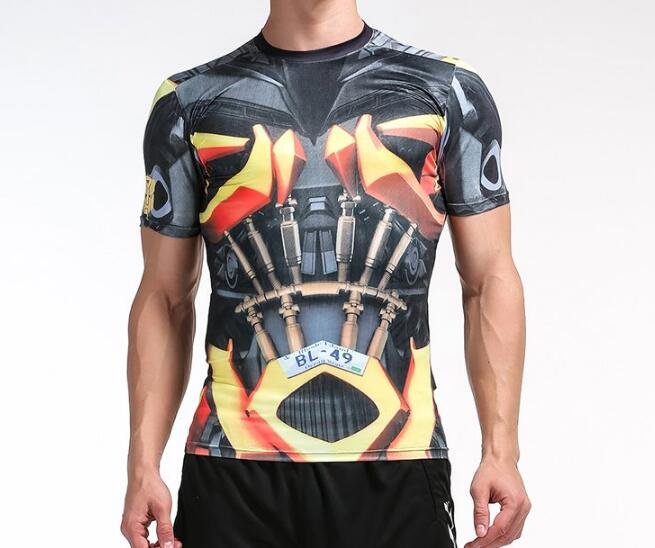 FINDSENSE MD 日系 時尚 男 高彈力 緊身運動短T 訓練服 跑步 健身T恤 3D機器人圖案 短袖T恤