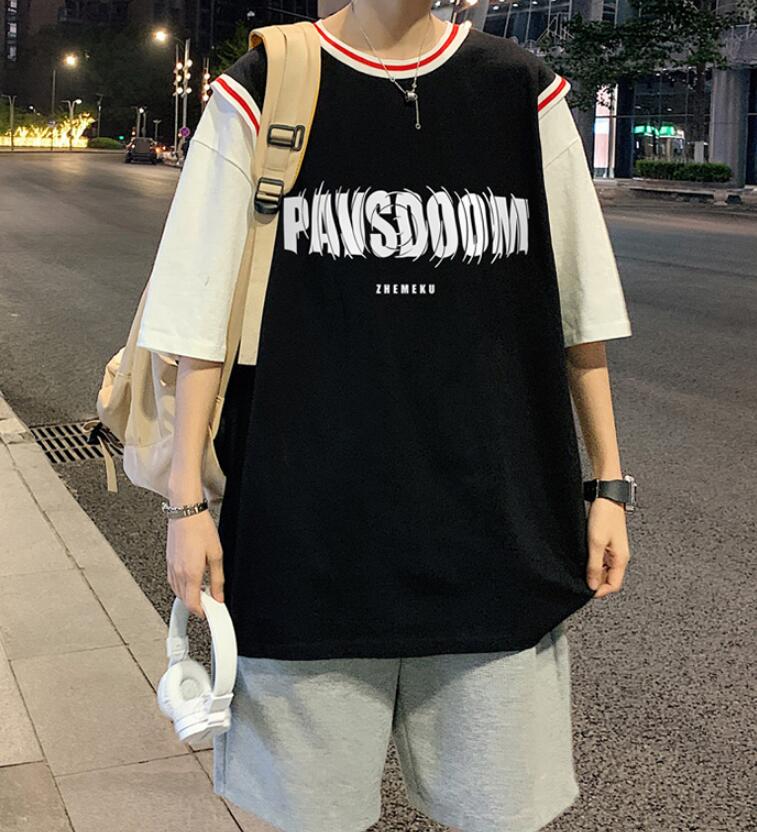FINDSENSE X 韓潮 街頭 寬鬆大尺碼 撞色 假兩件螺旋字母印花 男士 短袖T恤