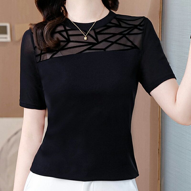 【巴黎精品】現貨+預購高級蕾絲上衣短袖雪紡衫網紗拼接氣質打底衫內搭休閒女裝-植絨透膚圓領女上衣a1kw53